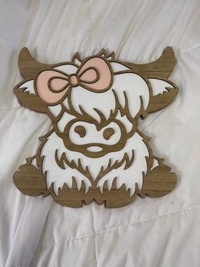 The Spring Shop Wooden Highland Cow Wall Art in Pink and White